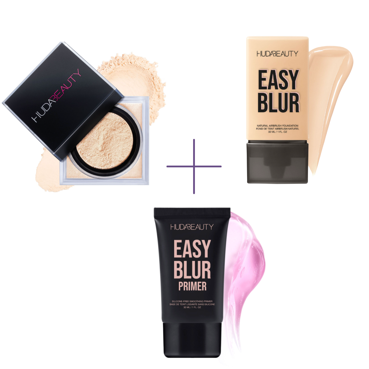 Trio Huda Beauty Easy Blur : Poudre 3g + Fond de teint 5ml + Primer 5g